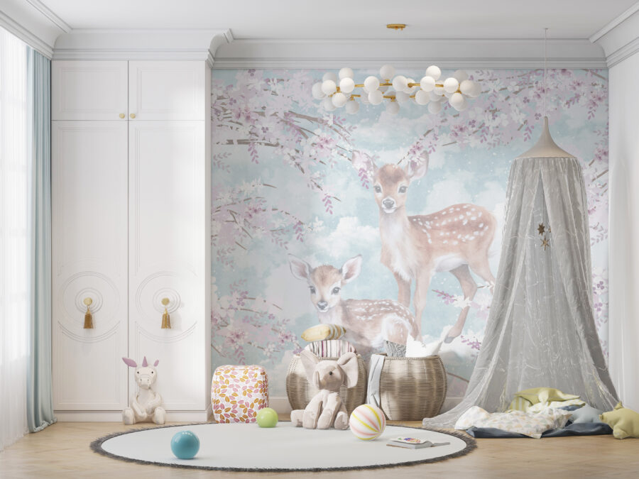 Fototapeta s motivem lesa v jemných pastelových barvách ideální do dětského pokoje Dva jeleni - hlavní obrázek produktu