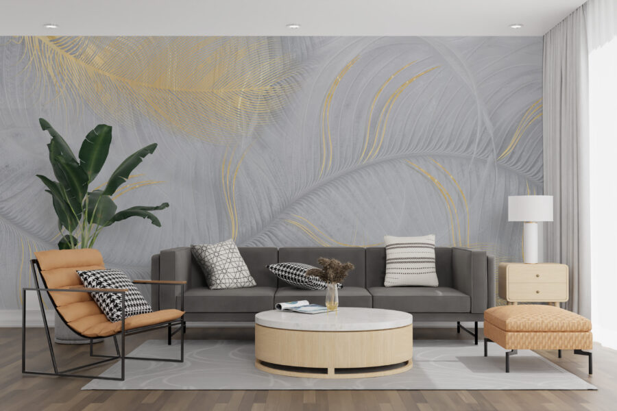 Nástěnná malba v tlumené šedé a zlaté barvě, elegantní a minimalistická Wavy Leaf - hlavní obrázek produktu