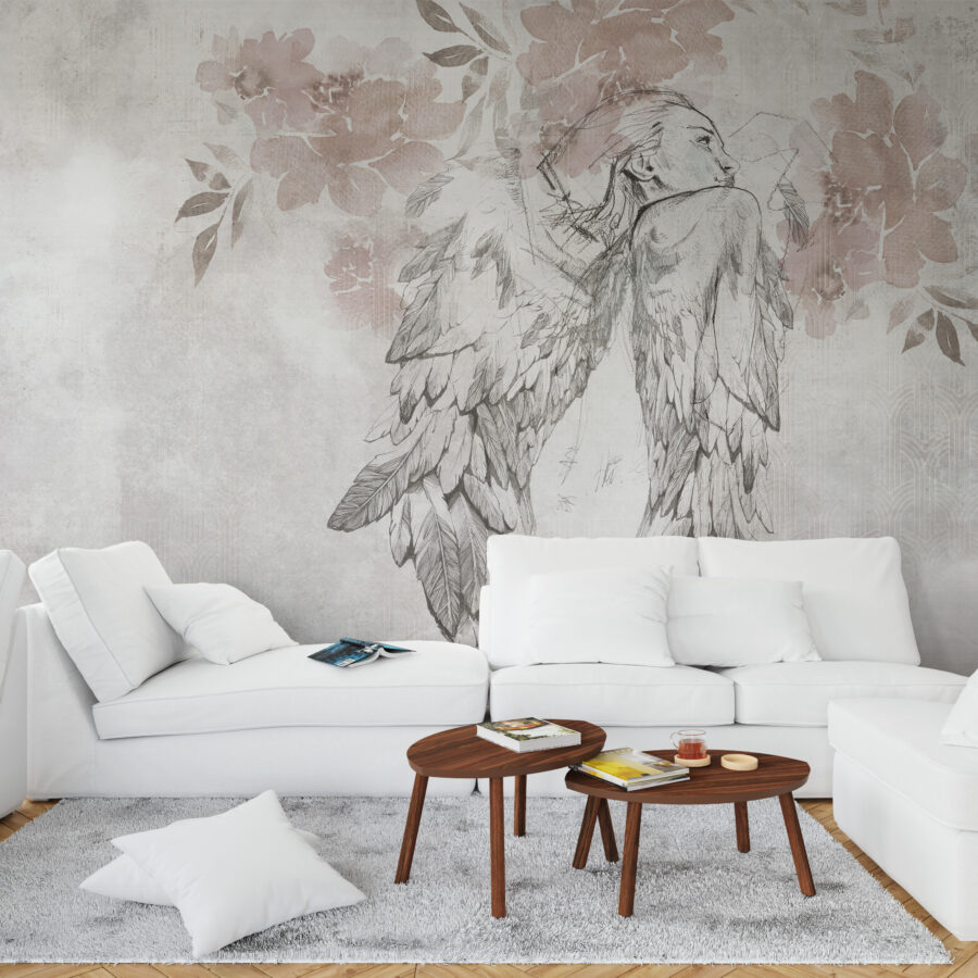 Nástěnná malba v podobě jednoduché kresby s tváří ženy s křídly, jemné barvy ideální pro moderní interiér Woman Angel - hlavní obrázek produktu