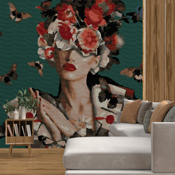 Nástěnná malba ve výrazných barvách s ženskou tváří pokrytou květinami s viditelnou strukturou Woman Flower On Fabric - hlavní obrázek produktu