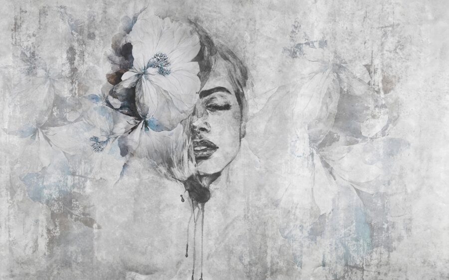 Kreslení nástěnné malby v šedých tónech Žena Flower - obrázek číslo 2