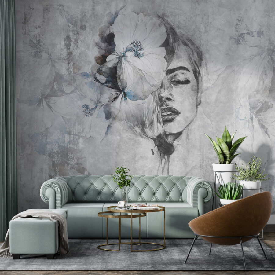Kresba nástěnné malby v šedých tónech Woman Flower - hlavní obrázek produktu