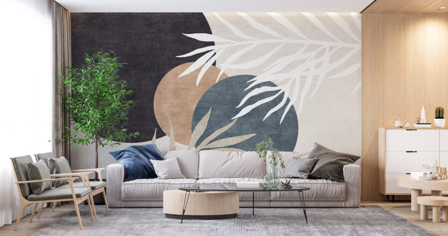 Nástěnná malba v moderním stylu, kombinace geometrie a květinového motivu Kruhy a listy - hlavní obrázek produktu