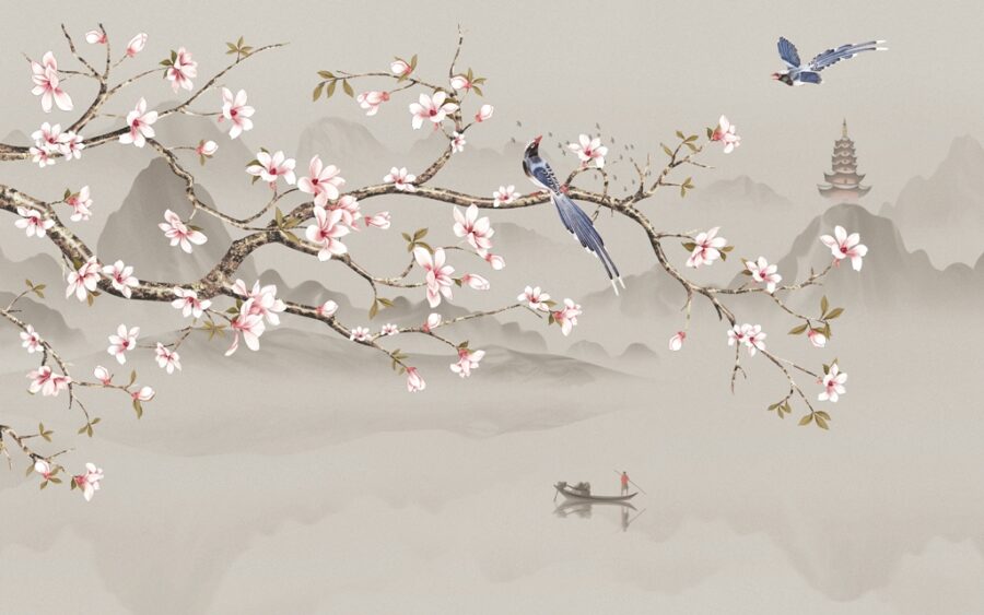 Fototapeta w stylu azjatyckim, nowoczesną grafiką z gałązką kwitnącej wiśni i pagodą w tle Kwiat Wiśni - zdjęcie numer 2