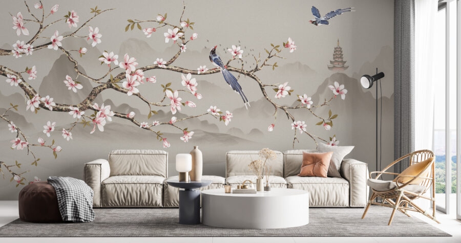 Nástěnná malba v asijském stylu, moderní grafika s třešňovou větví a pagodou v pozadí Cherry Blossom - hlavní obrázek produktu