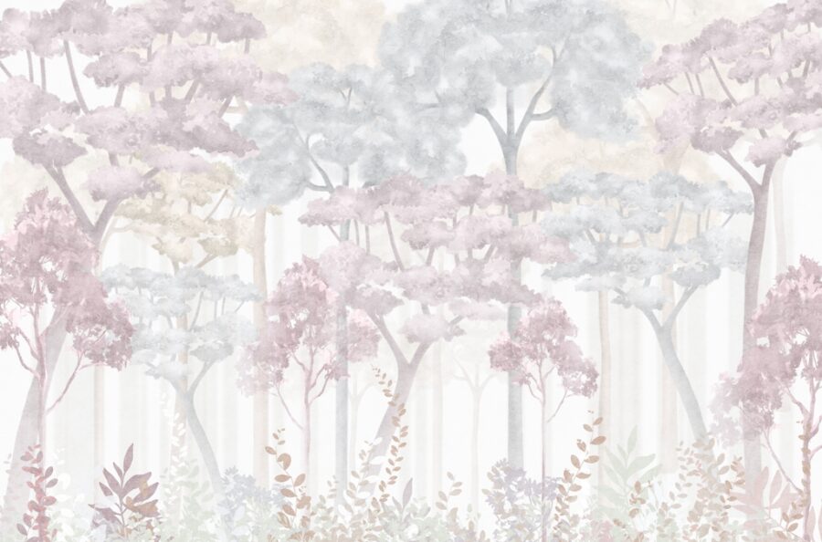 Nástěnná malba v jemných barvách se stromy pro dětský pokoj Les v pastelových barvách - obrázek číslo 2