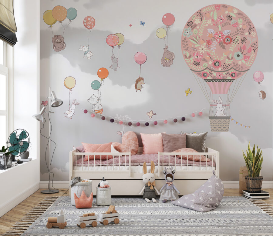 Nástěnná malba barevná, ale přívětivá pro oči malého dítěte, se zvířátky a balónky Flight of the Pink Balloons - hlavní obrázek produktu