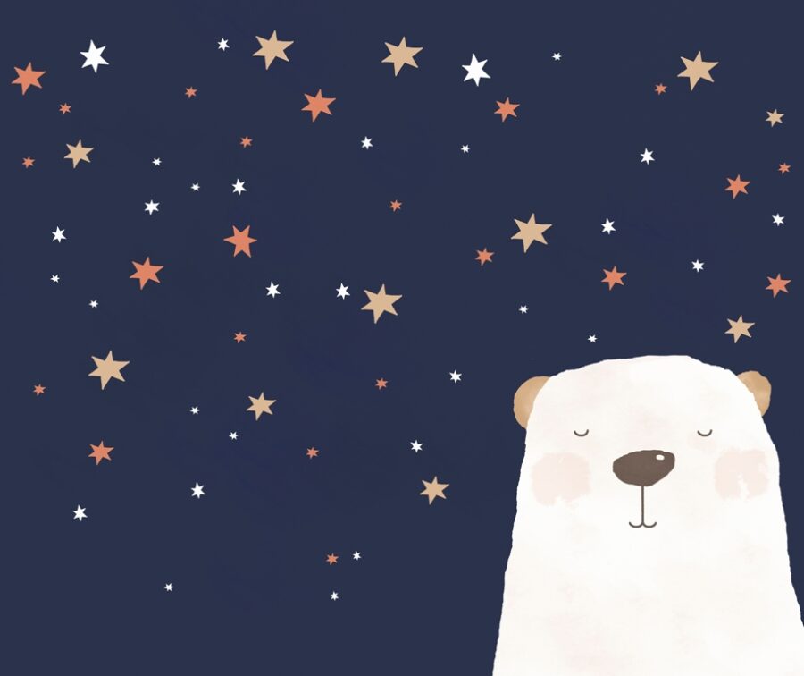 Fototapeta z nocnym niebem i kolorowymi gwiazdkami i białym śpiącym misiem do pokoju dziecięcego Niedźwiadek w Gwiazdach - zdjęcie numer 2