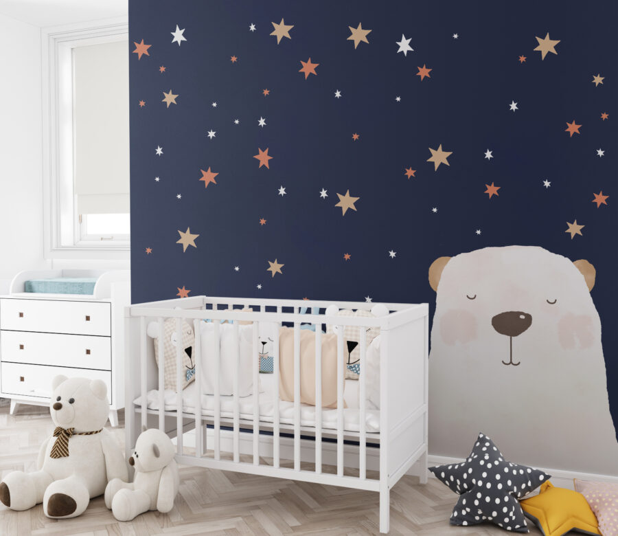 Nástěnná malba s noční oblohou a barevnými hvězdami a bílým spícím medvídkem do dětského pokoje Bear in the Stars - hlavní obrázek produktu