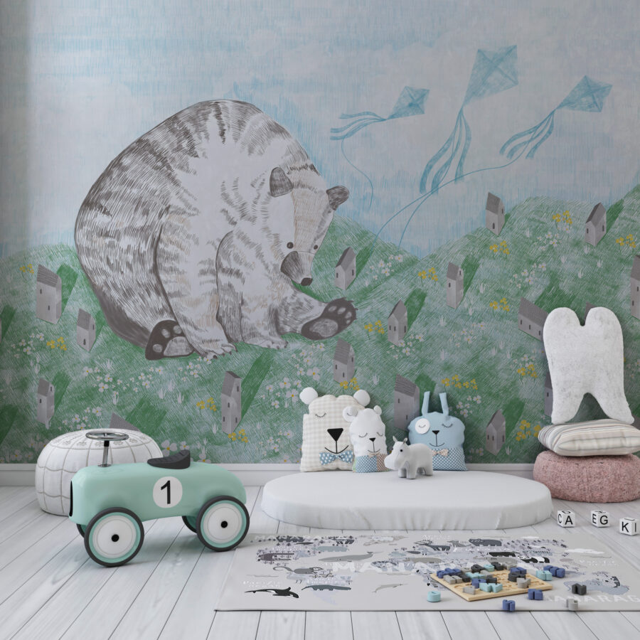 Nástěnná malba Medvěd ve městě je dekorace do dětského pokoje s jemným námětem a výrazem. Medvídek sedící mezi domky je jemným podnětem pro dětské oko - hlavní obrázek produktu