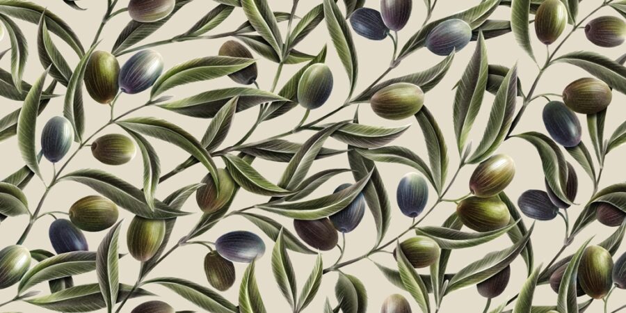 Olivová větvička nástěnná malba s ovocem, středomořská prázdninová atmosféra nebo olivová zeď - obrázek číslo 2