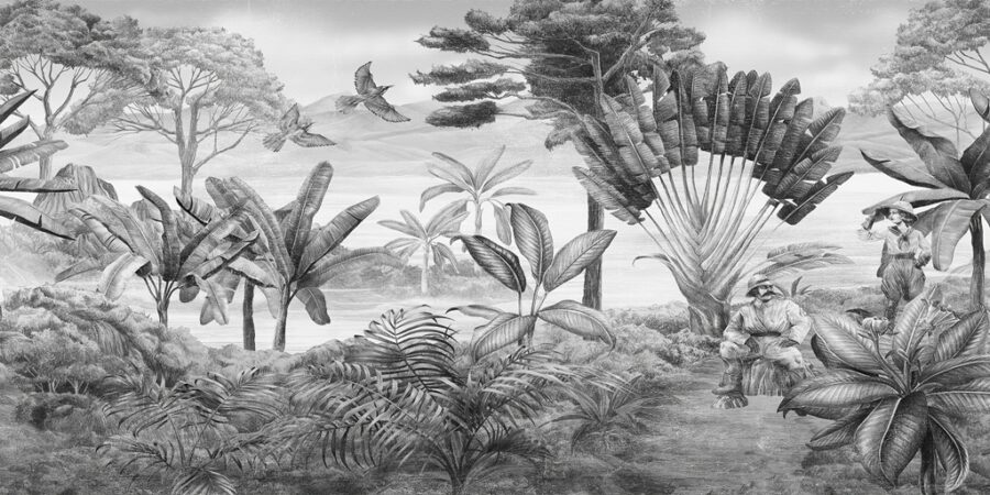 Fototapeta w postaci starej ryciny z podróżnikami odpoczywającymi pod palmami Podróżnicy w Tropikach - zdjęcie numer 2