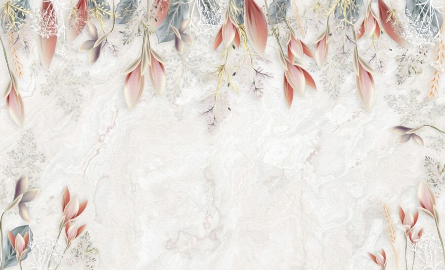 Fototapeta z kwiatami w różu, szarości, złocie, na białym niejednolitym tle w formacie 3D Rama z Różowych Liści - zdjęcie numer 2