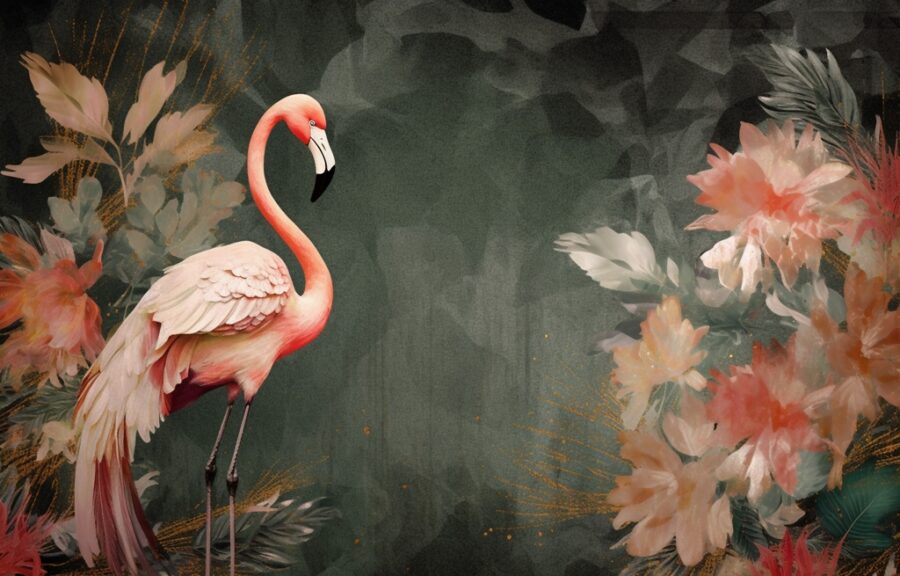 Nástěnná malba v tmavých a výrazných barvách s plameňákem mezi květinami Pink Exotics - obrázek číslo 2