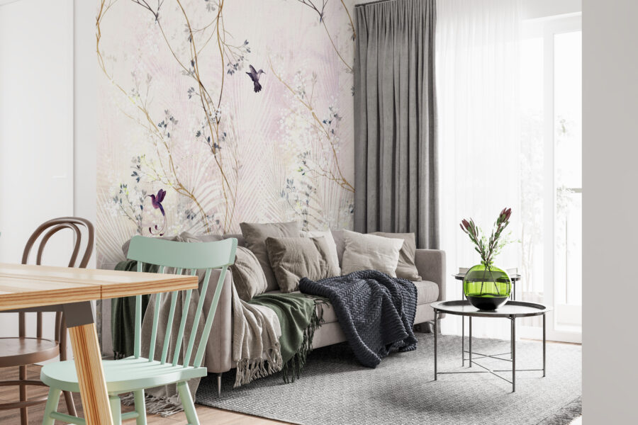 Fototapeta v asijském stylu s jemným a elegantním květinovým a ptačím motivem Pink Hummingbird - hlavní obrázek produktu