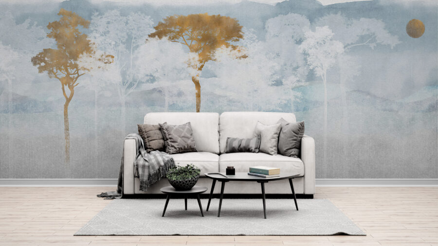 Nástěnná malba s minimalistickým obsahem a jemnou barvou, s nestejnoměrnou strukturou Slender Trees - hlavní obrázek produktu