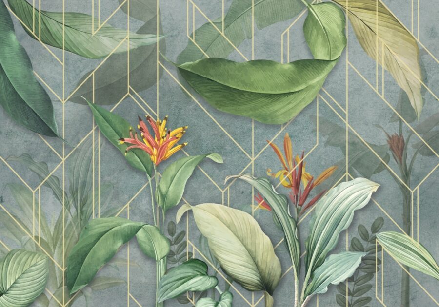 Nástěnná malba ve výrazných barvách s květy strelitzie a zlatými liniemi Tropics On Tiles - obrázek číslo 2