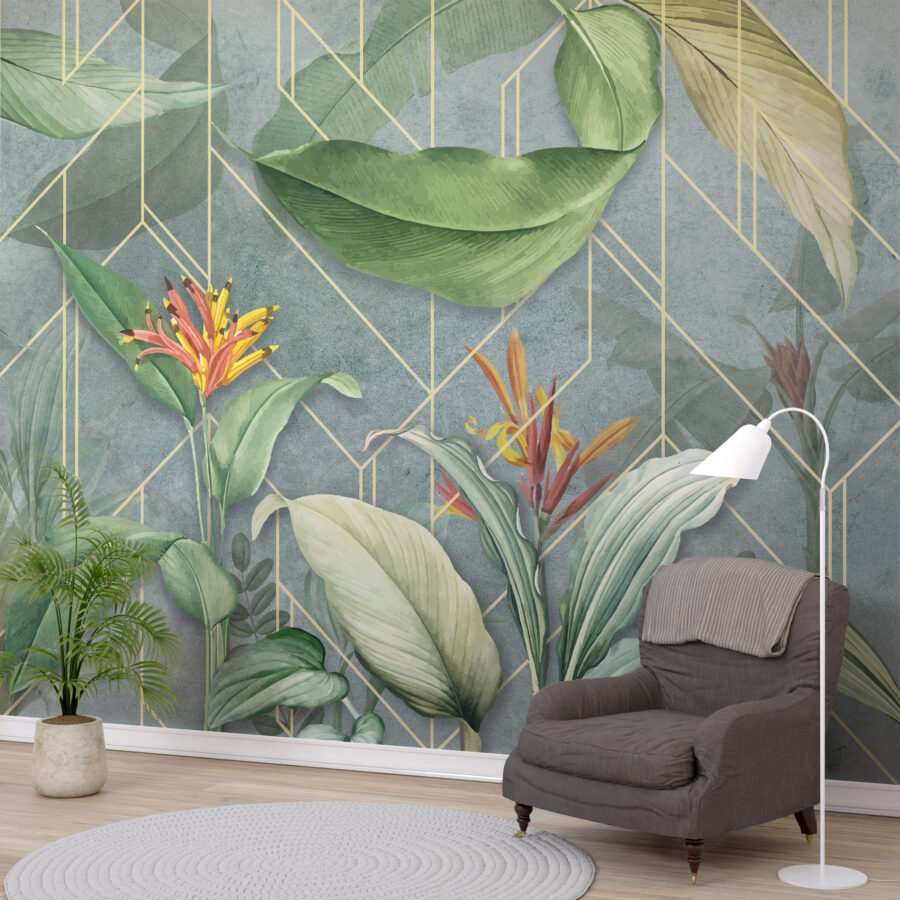 Nástěnná malba ve výrazných barvách s květy strelície a zlatými liniemi Tropics On Tiles - hlavní obrázek produktu