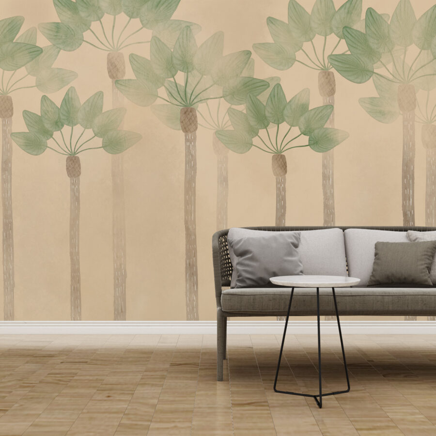 Nástěnná malba imitující akvarel vysokých stromů v tropech v hnědých a zelených barvách Fan of Palms - hlavní obrázek produktu
