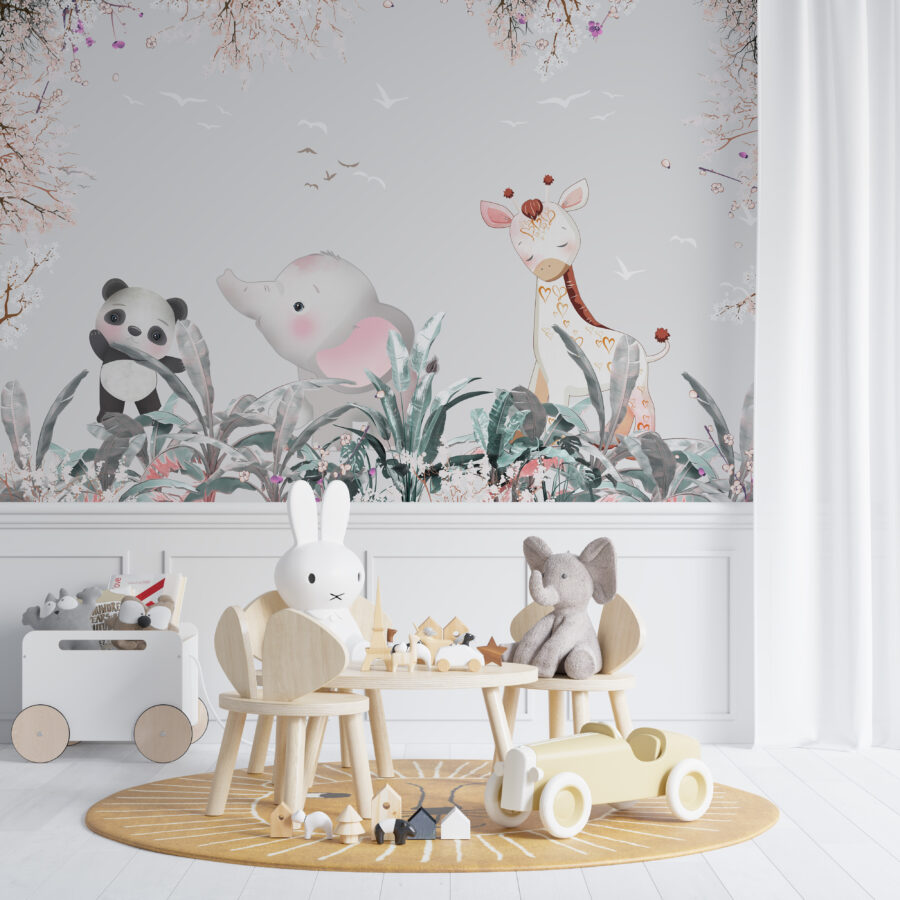 Grafická nástěnná malba, exotická zvířata mezi třešňovými květy Spring Animals - hlavní obrázek produktu