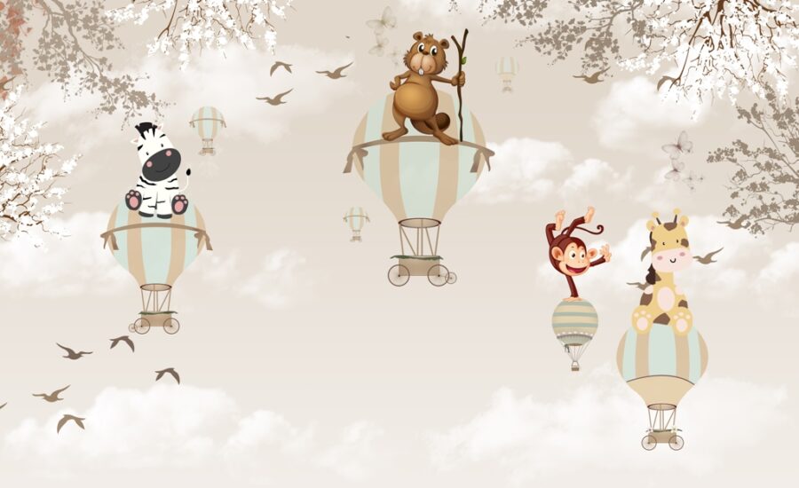 Veselá nástěnná malba s květinami, balónky a zvířaty v barvách vhodných a přívětivých pro malé dětské oči Zvířata v letu - obrázek číslo 2