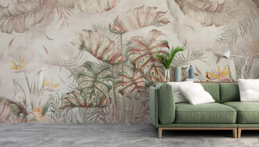 Nástěnná malba oblíbených tropických listů v teplých barvách Kytice listů Monstera - hlavní obrázek produktu