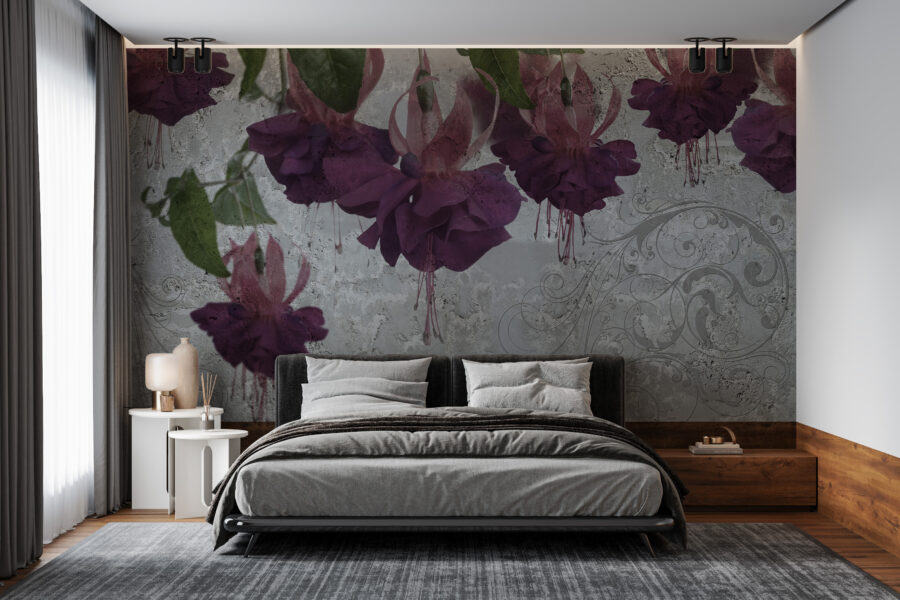 Nástěnná malba velkých pohárkových květů v módní fialové a nejednotné šedé barvě Purple Flowers - hlavní obrázek produktu
