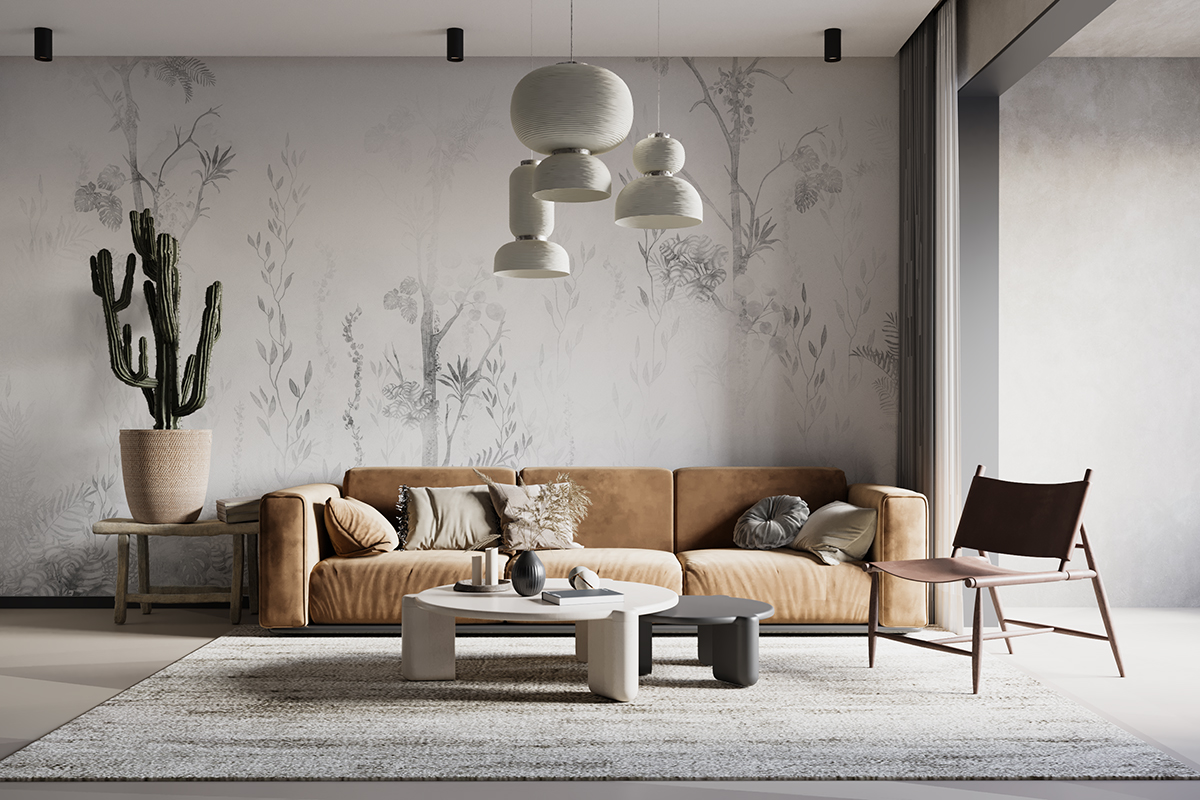 Nástěnná malba Listy v šedé barvě