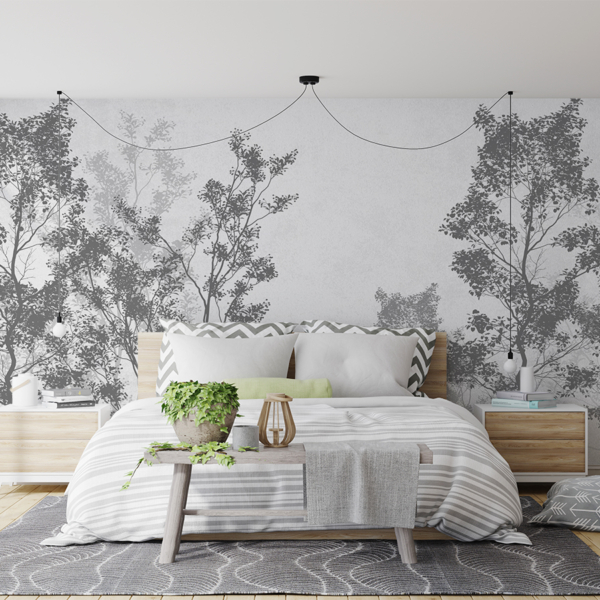 Nástěnná malba stromů v tmavých tónech