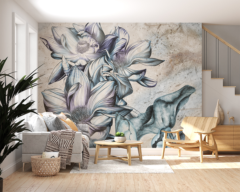Nástěnná malba velkých modrých květin