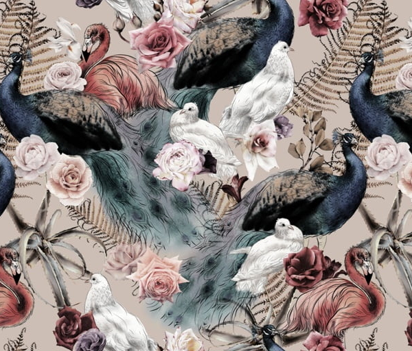 Fototapeta Barevní ptáci mezi květy růží