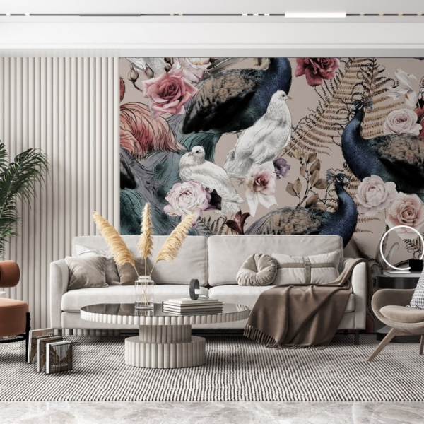 Fototapeta Barevní ptáci mezi květy růží