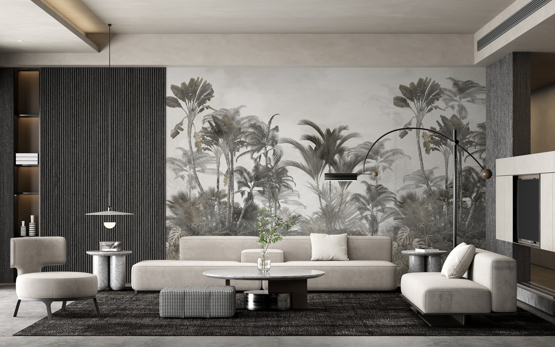 Bezbarvá nástěnná malba džungle