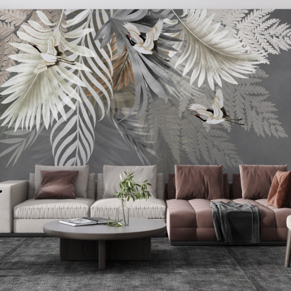 Nástěnná malba Bílí ptáci v palmových listech