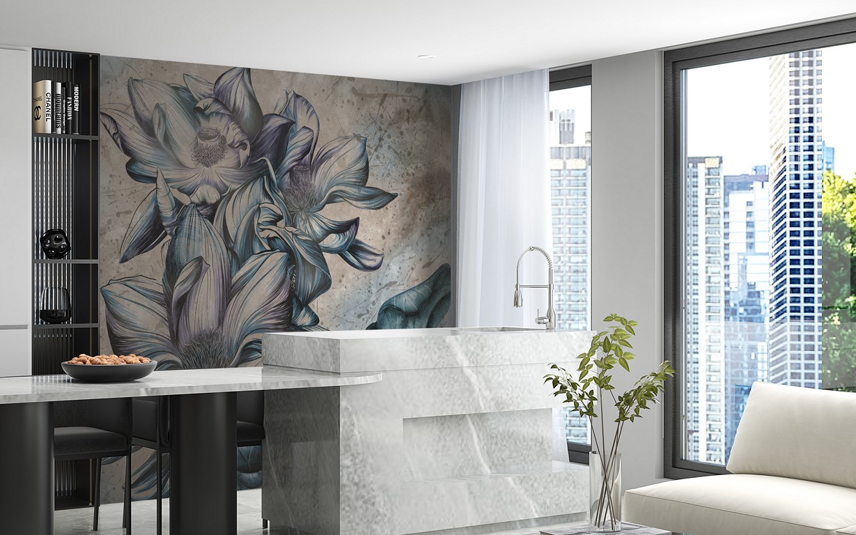 Nástěnná malba velkých modrých květin