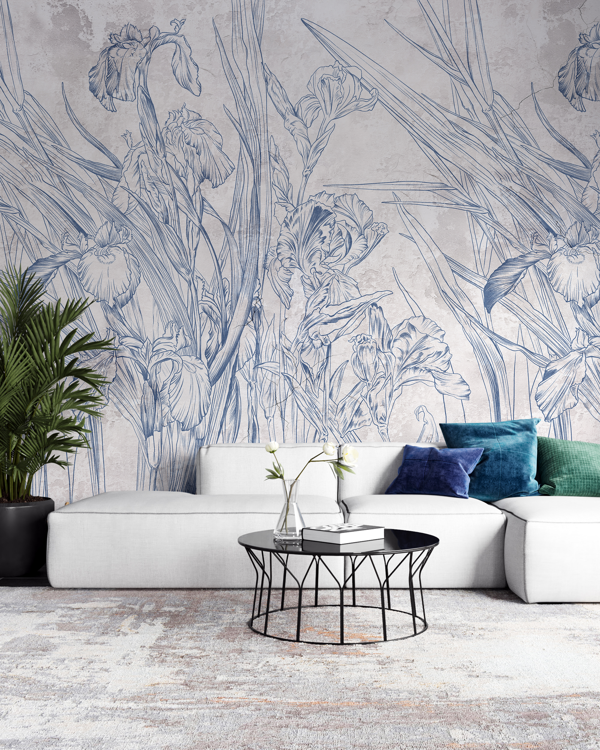 Modrá květinová nástěnná malba