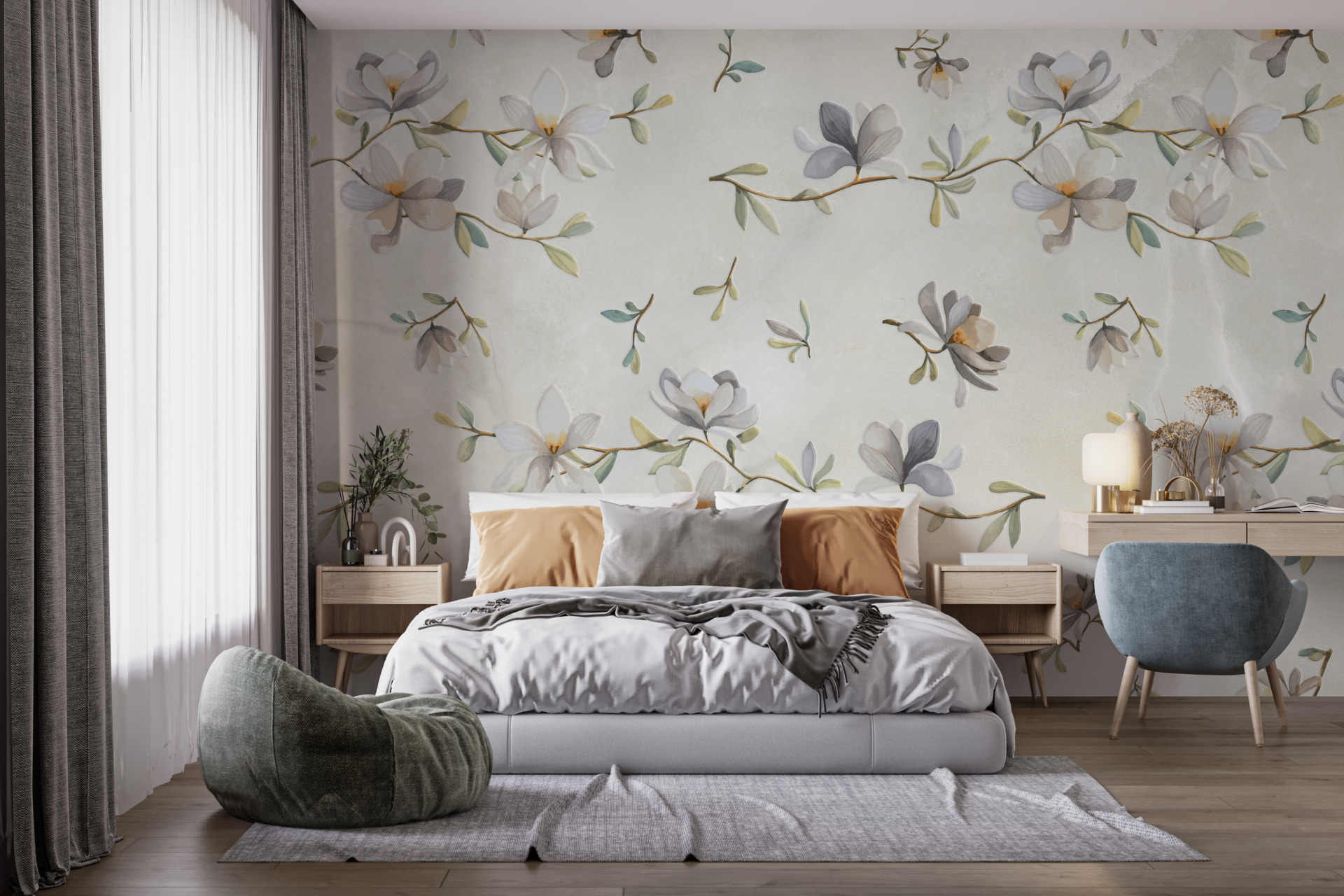 Nástěnná malba Modré jarní květiny