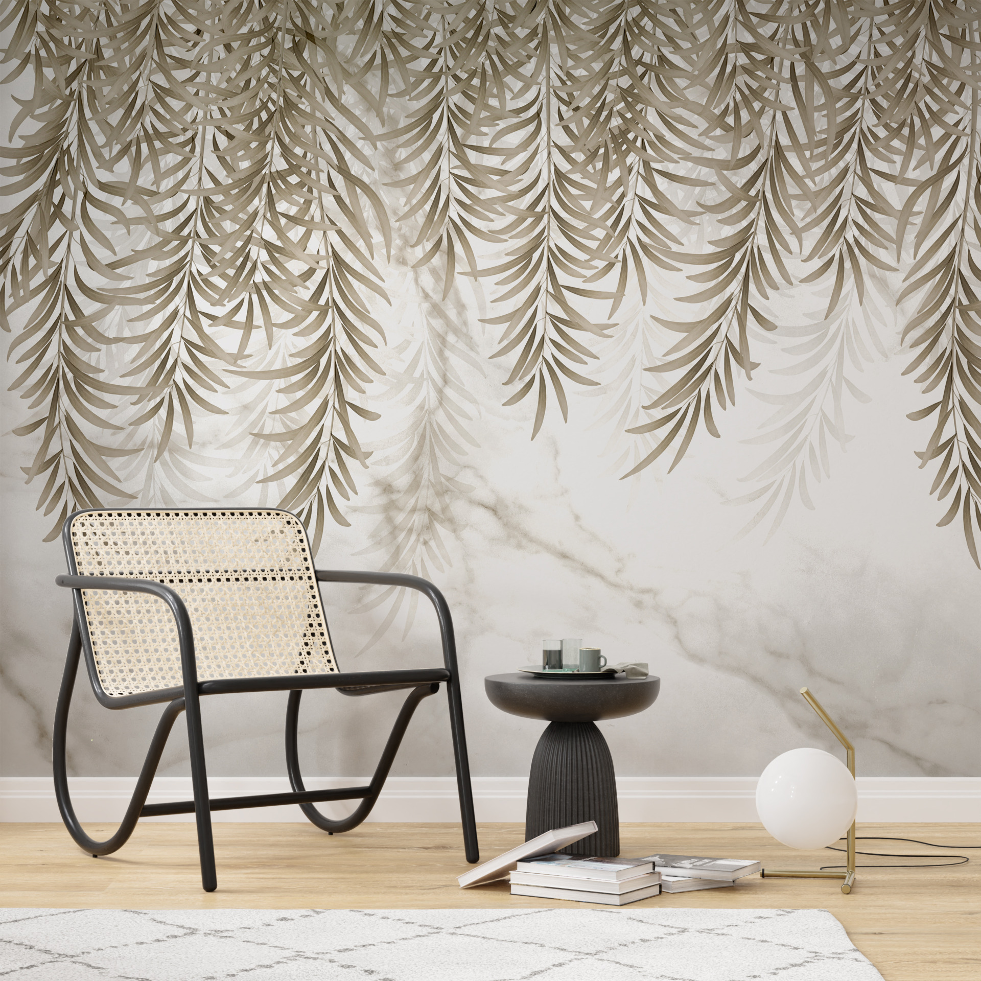 Nástěnná malba hnědých listů na mramoru