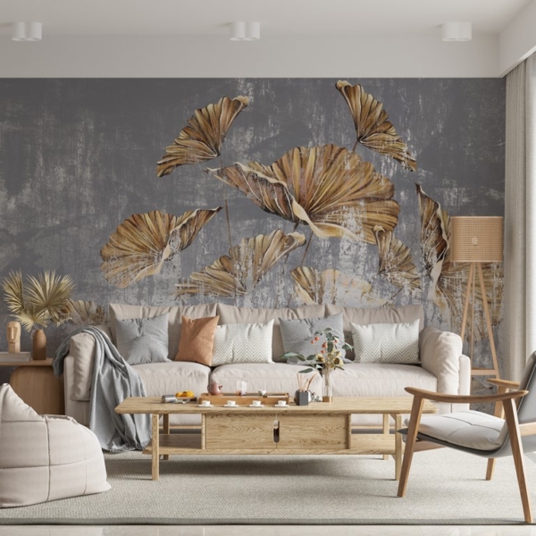 Nástěnná malba Hnědé listy na modrém pozadí