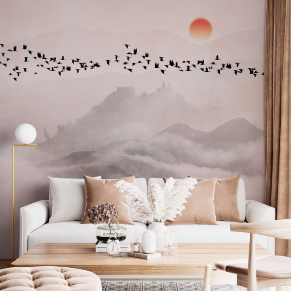 Fototapety Tmavé ptáci létající nad horami