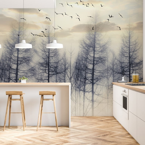 Nástěnná malba Černí ptáci nad stromy