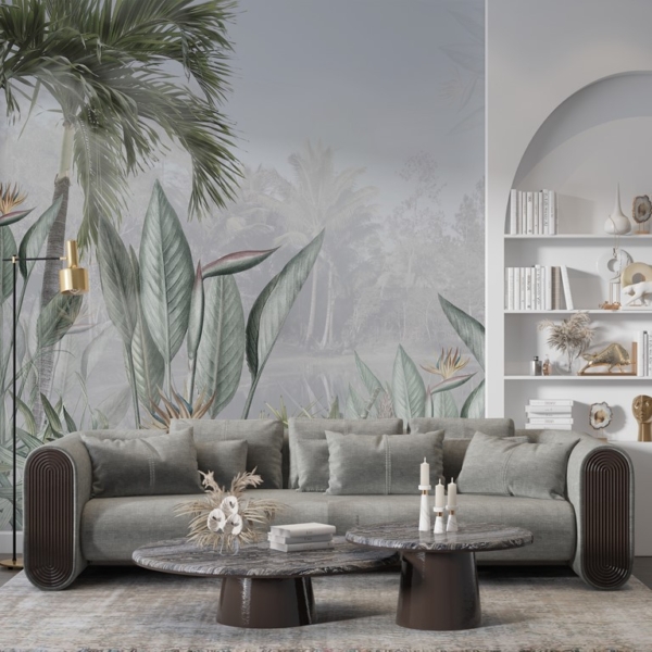 Nástěnná malba Exotické květiny a palmy v mlze