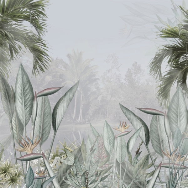 Nástěnná malba Exotické květiny a palmy v mlze