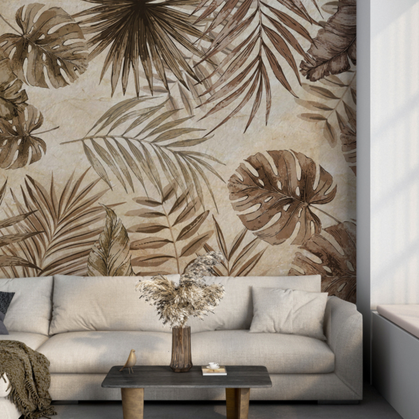 Nástěnná malba Exotické listy v sépiové barvě
