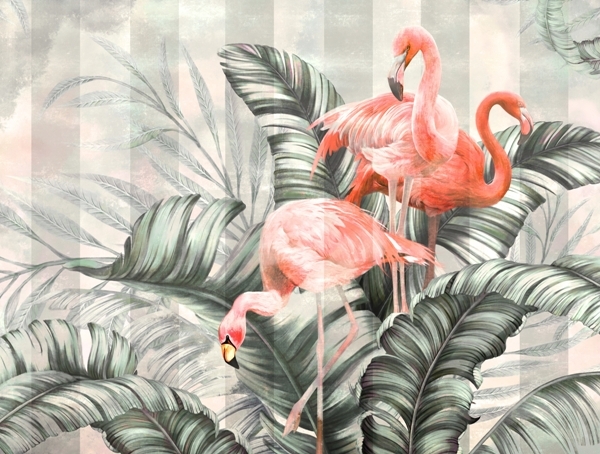 Nástěnná malba plameňáků v listí