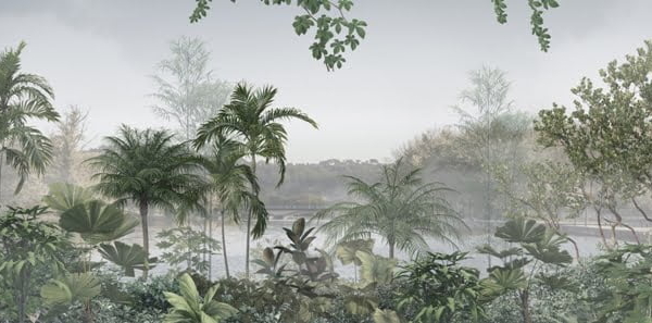 Nástěnná malba jezera v tropické džungli