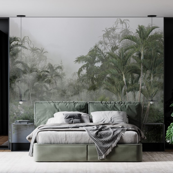 Nástěnná malba jezera mezi exotickými květinami