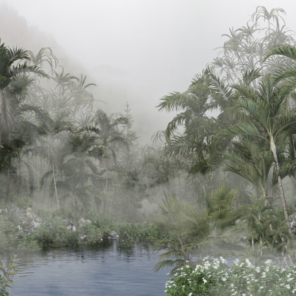 Nástěnná malba jezera mezi exotickými květinami