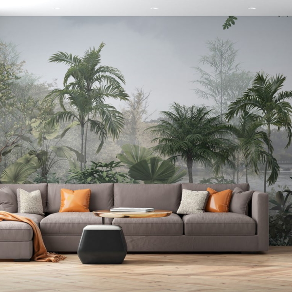 Nástěnná malba jezera v tropické džungli