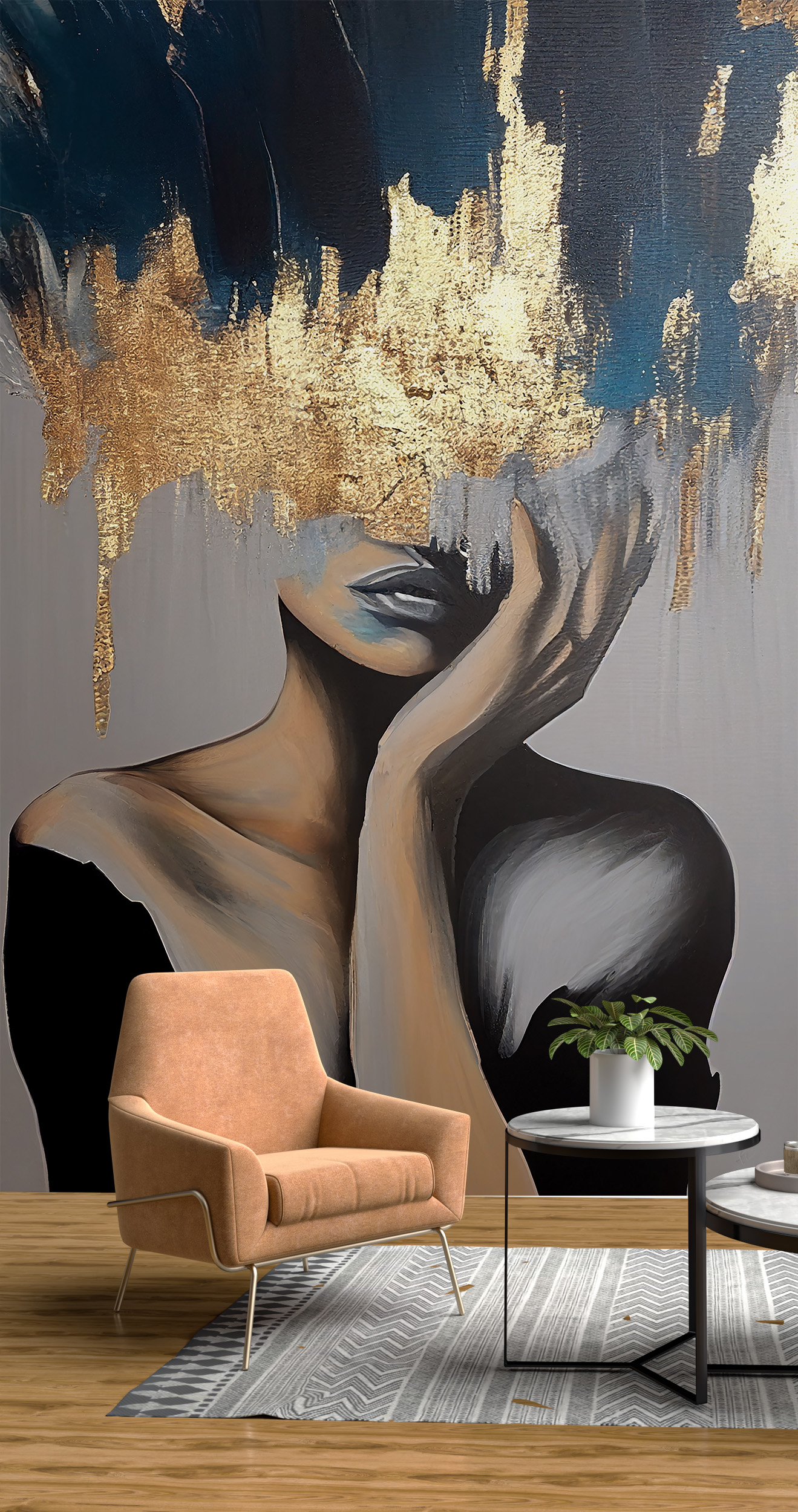 Nástěnná malba ženy za zlatou oponou